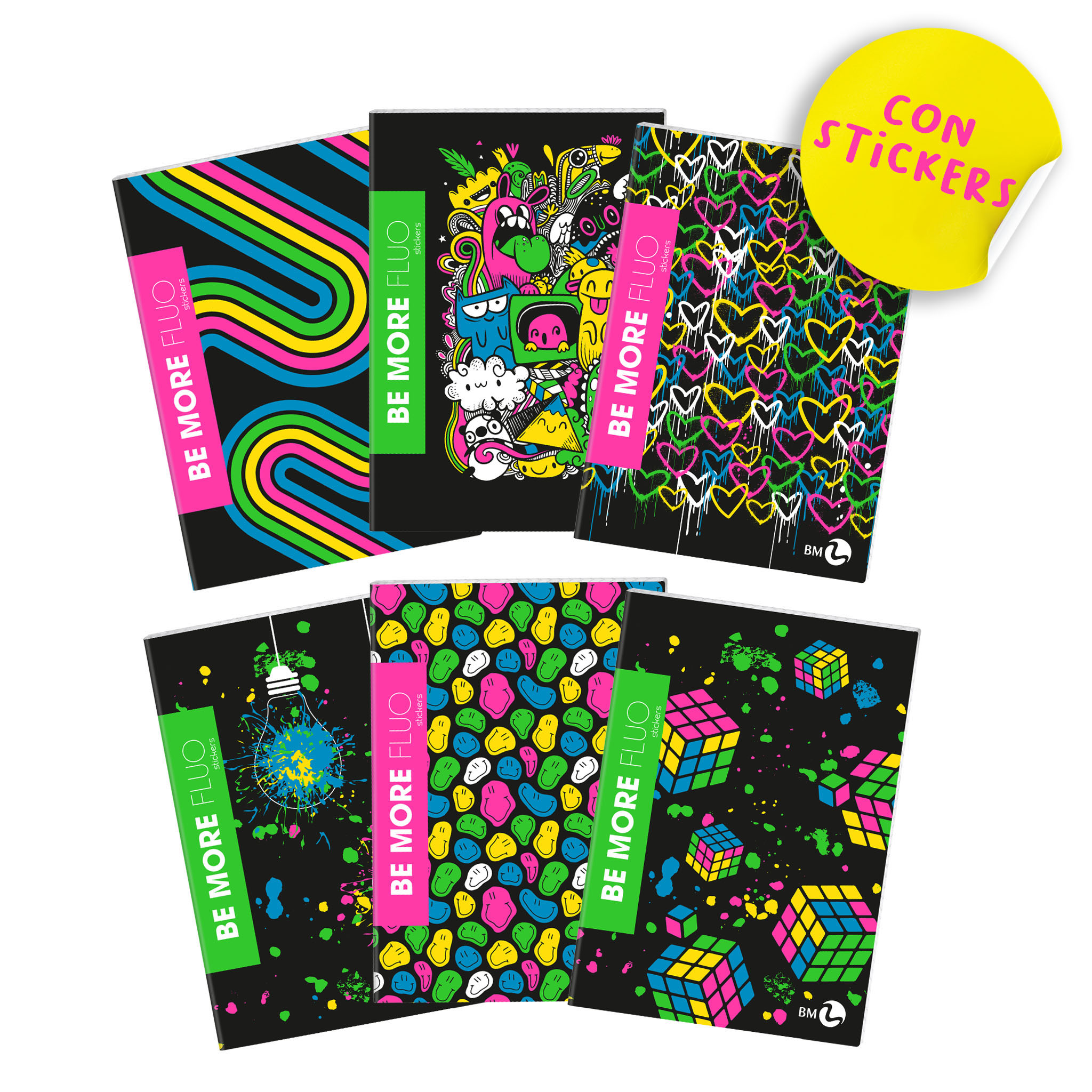 Maxi quaderni A4 BE MORE FLUO con stickers 100 gr - 10 pezzi assortiti