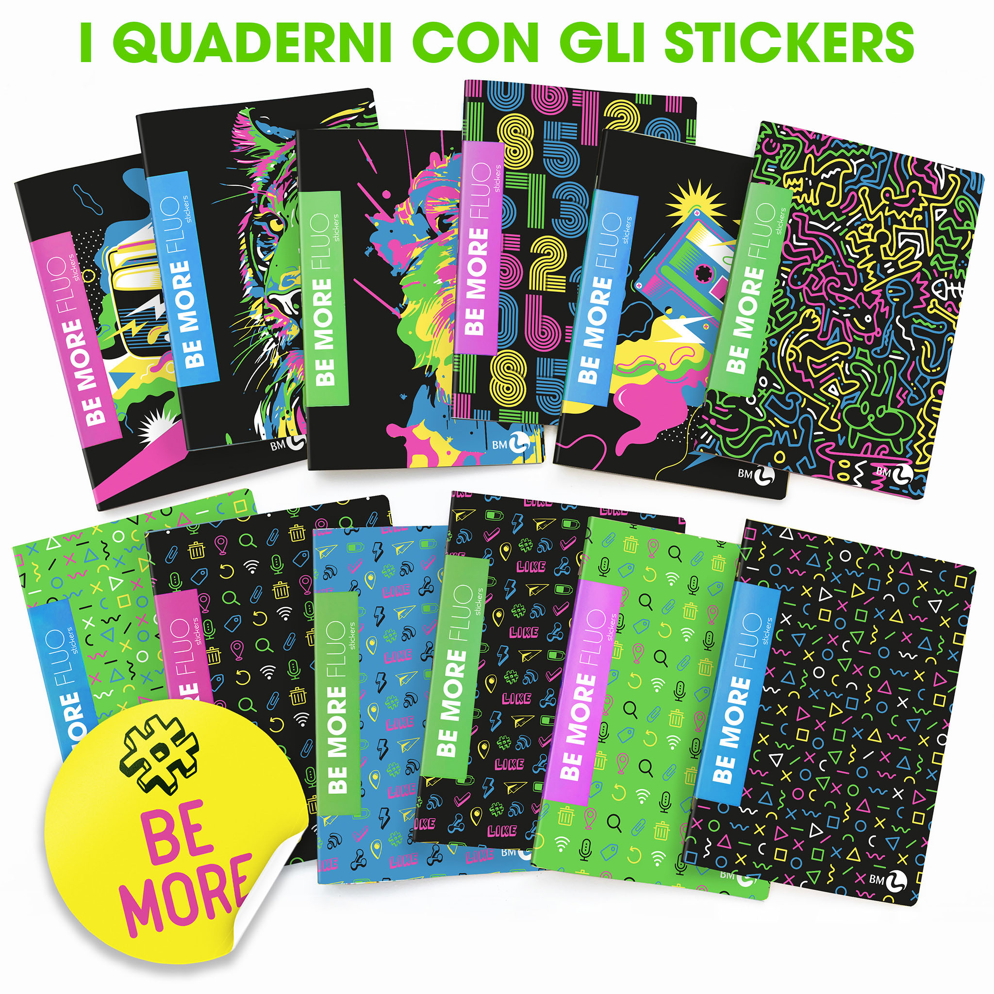 A4 maxi notebooks BE MORE FLUO with stickers 100 gram - 10 assorted pieces