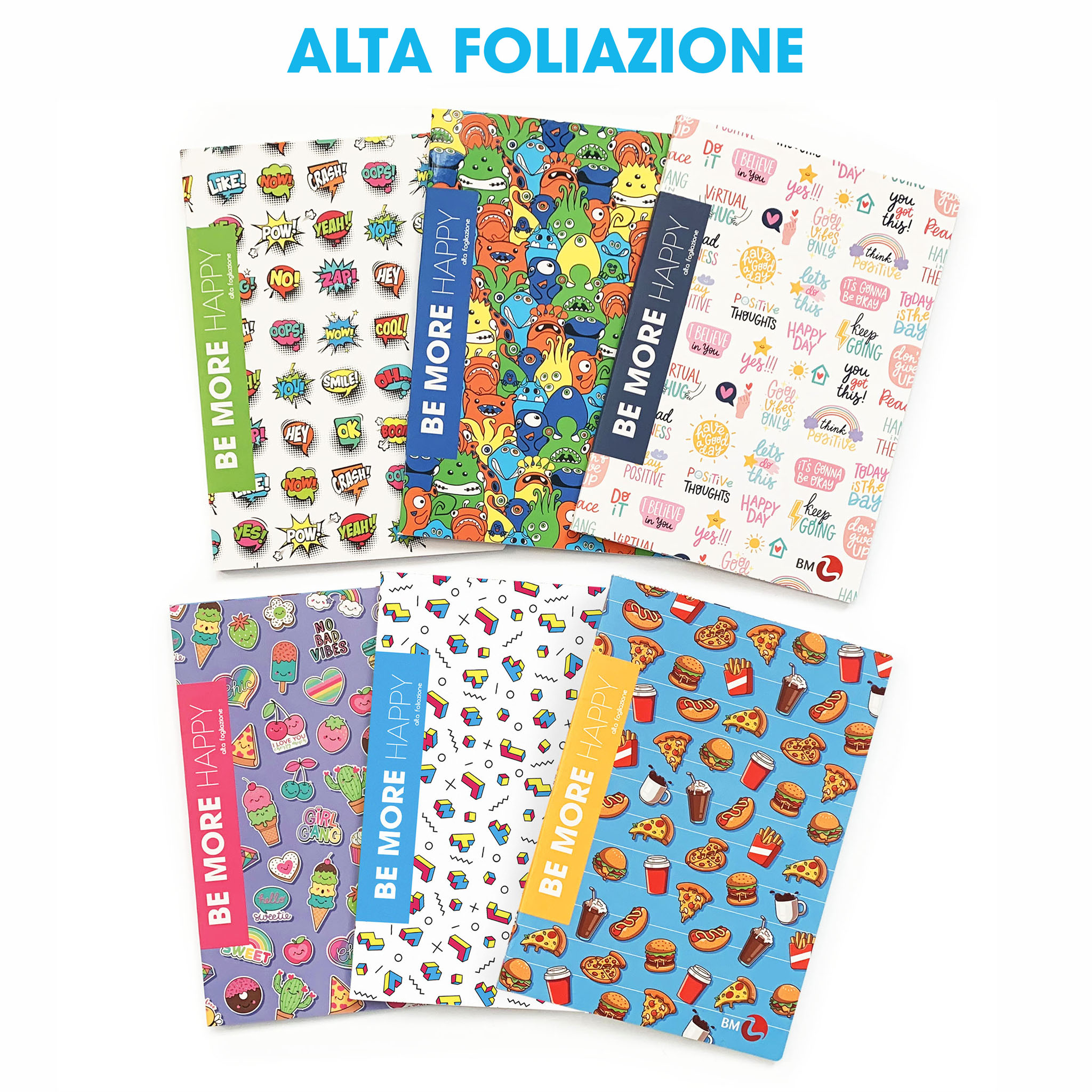 Maxi quaderni A4 BE MORE HAPPY alta foliazione 100 gr - 10 pezzi assortiti