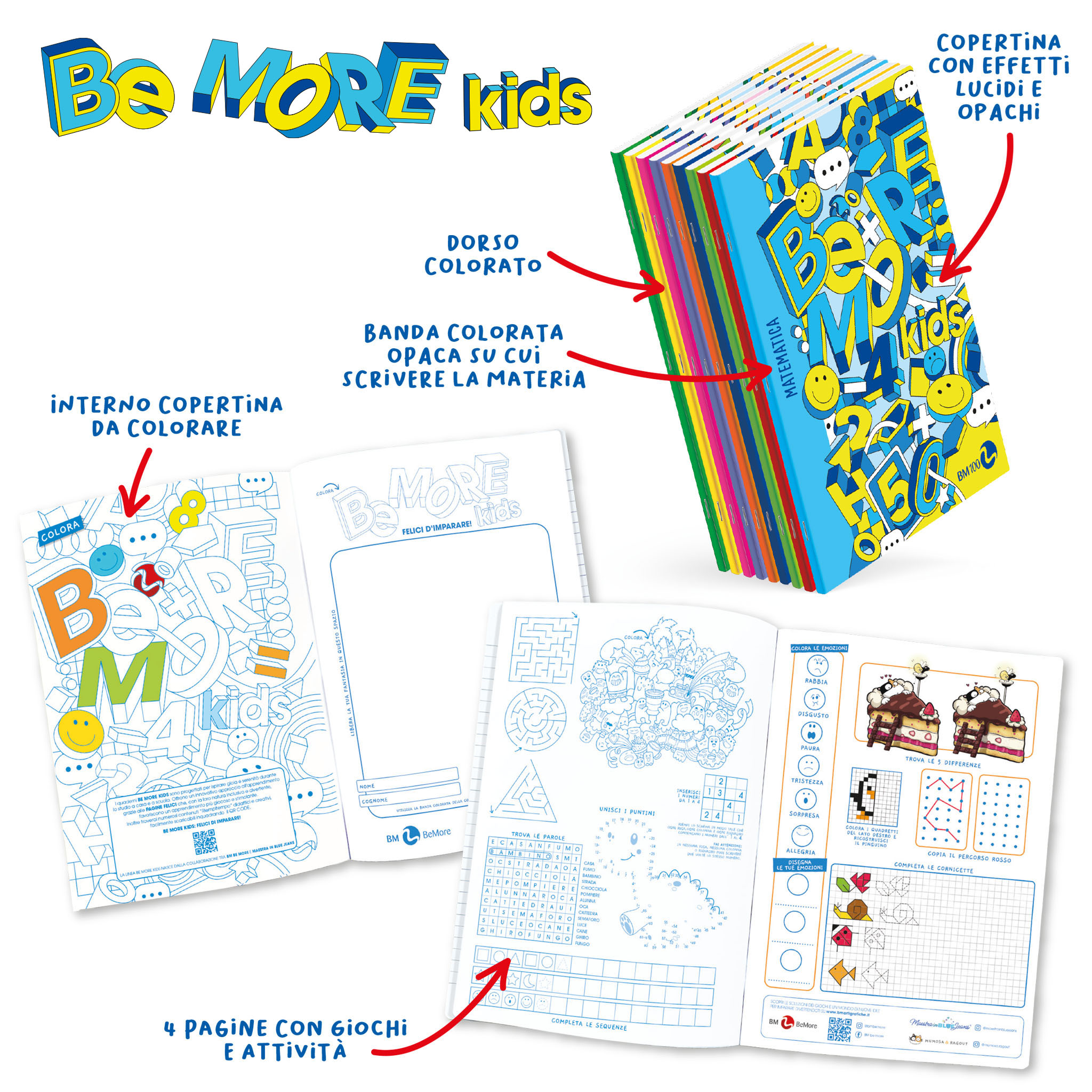 10 quaderni A4 Be More Kids-100 gr con 4 pagine di giochi e attività