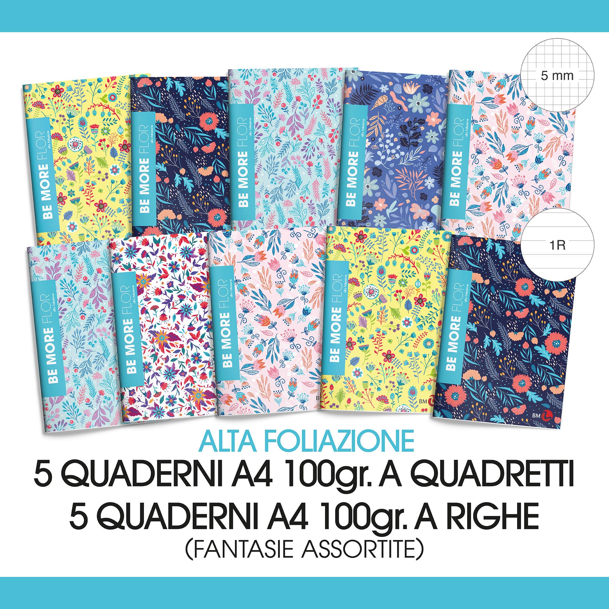 10 Quaderni Flor, 2 raccoglitori, 1 cartellina e 2 pacchi di bandup